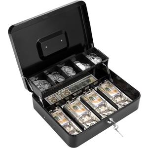 Cash Box with Lock Key and Money Tray - Large Money Box for Cash Register, Metal Lock Box for Money Safe 11.8" x 9.4" x 3.54" Black (Black with Key Lock)