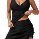 Blooming Jelly Women Tankini Swimsuit with Skirt Tummy Control Scalloped Slimming Bathing Suit 2 Piece Ruched Modest Swimwear (Black, M)