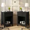 ChooChoo Black Nightstand Set of 2,Night Stand with Charging Station, Wooden Top Bedside End Table with Drawer and Storage Space for Bedroom, 2 pack