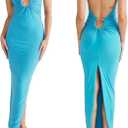 Women Sexy Backless Dress V Neck Sleeveless Open Back Split Maxi Dress Party Cocktail (Medium, Blue)