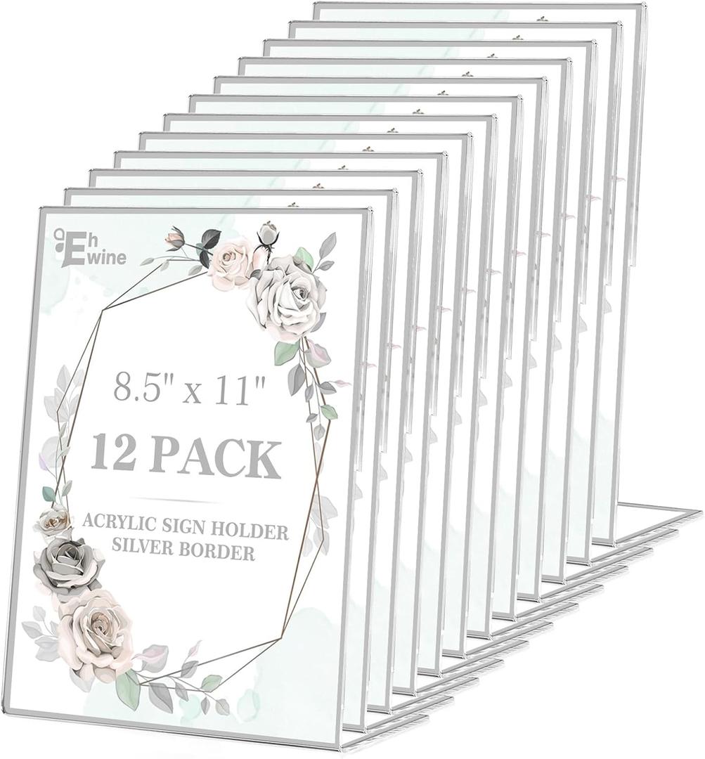 EHWINE 12 Pack Acrylic Sign Holder 8.5 x 11, Silver Picture Frame Stand up Table Top Sign Holders, Slanted Back Paper Holder Clear Display Stand Menu Flyer Holder for Wedding Party