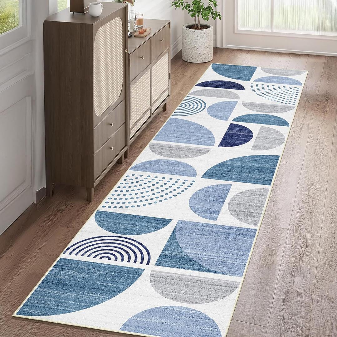 MUJOO Runner Rug Washable, Blue 2x8 Area Rugs for Hallways Kitchen Bedroom Entryway Bathroom, Non Slip Carpet Long Mat Indoor, Boho Soft Modern Abstract Navy Blue