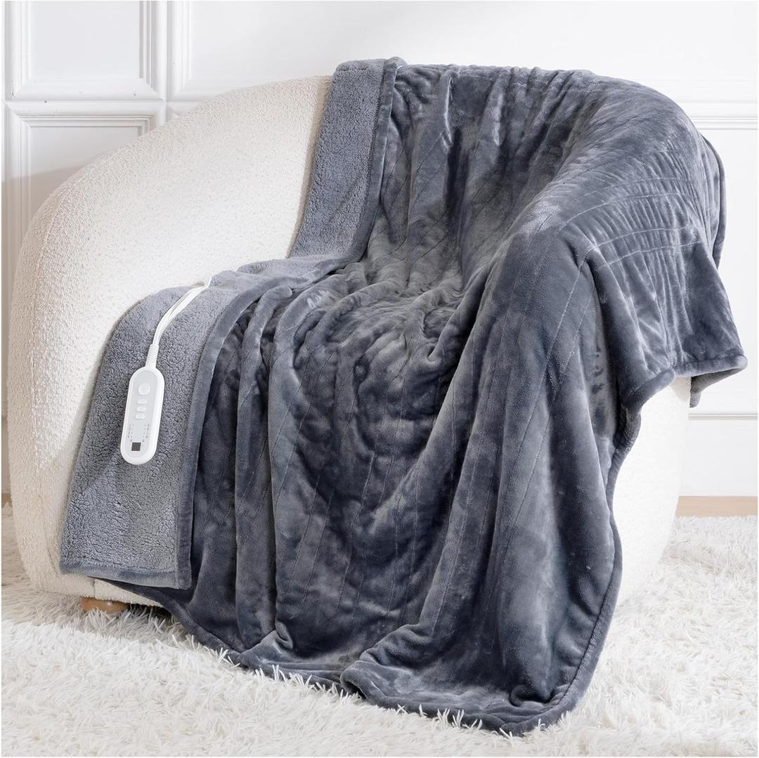 Heated Blanket Throw, Electric Blanket Soft Sherpa Flannel, 8 Hours Auto Shut-off & 8 Fast Heating Levels, Machine Washable ETL Certified, Heating Blanket for Bed & Sofa (50x60 inches, Gray) (Light Grey)