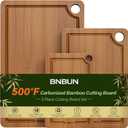 Bamboo Cutting Board for Kitchen, Wooden Cutting Board 3-Piece Set with Non-Slip Mat Deep Juice Groove and Built-In Handles, Wood Cutting Board for Meat Vegetables Fruit Ideal Gift for the Home (Carbonized brown)