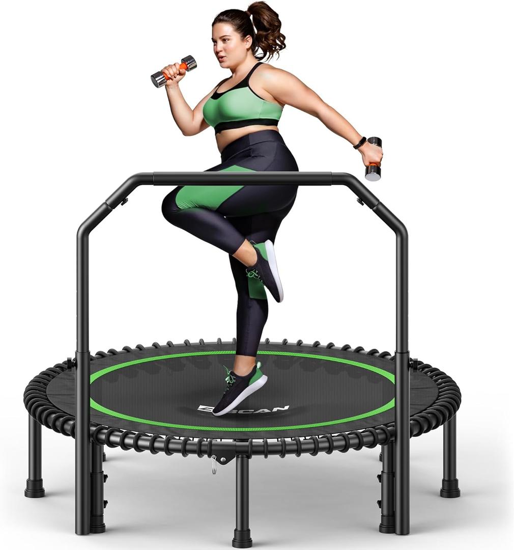 BCAN BT2 450/550LBS Mini Rebounder Trampoline for Adults with Bar, Fitness Trampoline with Bungees, Adjustable Handle, Stable & Quiet, Indoor Outdoor, Whole-Body Workout & Relaxation at Home-40IN/48IN