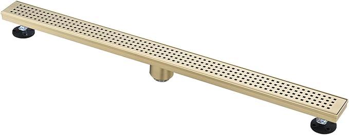Elegant Linear Shower Drain for Water Management, Stylish Quadrato Pattern Grate, Stainless Steel Construction, Removable Hair Strainer