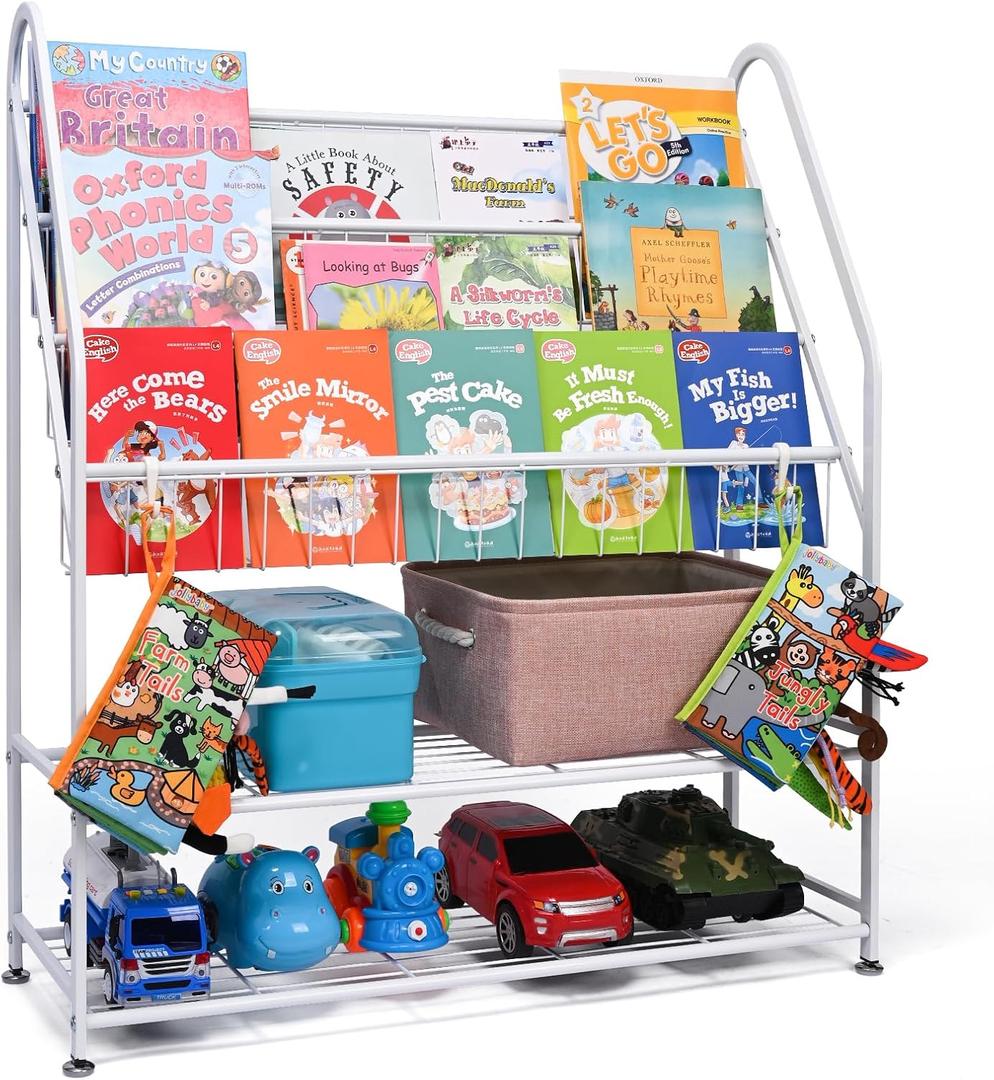 Metal Kids Bookshelf - 5 Tier Bookcase & Toy Storage, Perfect for Kids Room, Bedroom or Living Room (Large, White)