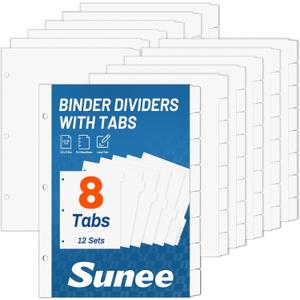 SUNEE Binder Dividers with Tabs for 3 Ring Binder, 8.5 x 11 Paper White Binder Dividers Blank with 8 Tabs, 12 Sets Page Dividers for School, Office and Home, 96 Dividers