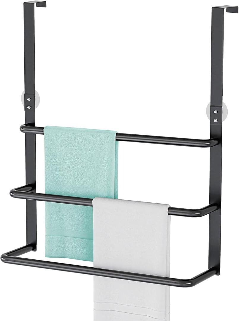 Over The Door Towel Rack, 304 Stainless Steel Towel Rack, 3 Tier Towel Bar for Hanging Towels, 16 Inch Over Door Towel Storage Holder for Bathroom, Matte Black