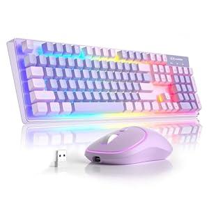 MageGee V550 Wireless Gaming Keyboard and Mouse, 2.4G Full-Sized RGB LED Computer Keyboards with Transparent Shell, Rechargeable Quiet Cordless Mouse & Keyboard Combo for Laptop/ PC/ Desktop (Purple)