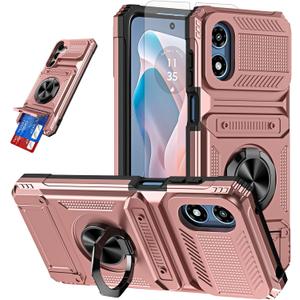 Phone Case for Motorola Moto G Play 2024 4G with Tempered Glass Screen Protector Card Slots Ring Stand Soft Silicone Bumper Hybrid Two Layer Defender for XT2413V XT2413-1 64GB Women Rose Gold