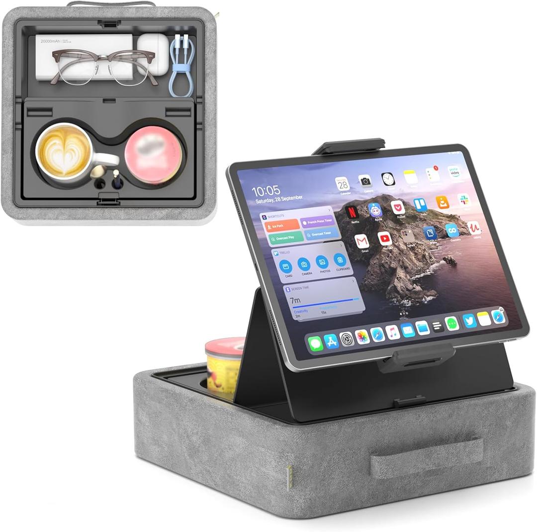 KDD Tablet Pillow Stand, Adjustable iPad Holder for Bed, Lap and Desk with Two Cup Holder and Storage Tray, 360Rotating Clip Soft Dock Compatible with iPad Pro 12.9, Air, Mini, Phone and E-Reader