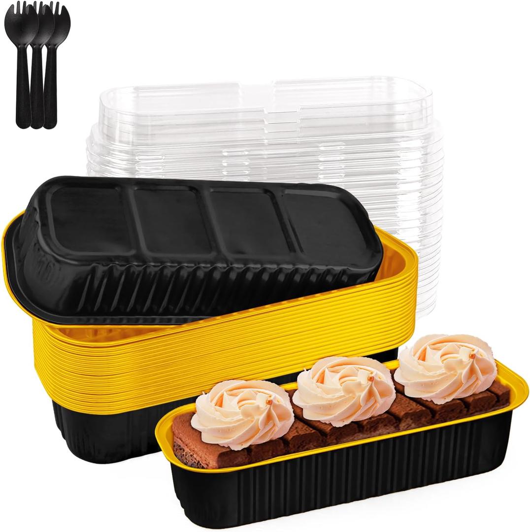 Liatinbo 20 Pack Mini loaf pans with lids,Mini cake pans with lids,Disposable Aluminum Foil Baking Cups Muffin Tins for Convenient Baking and Serving at Birthday Parties(Black & Gold)