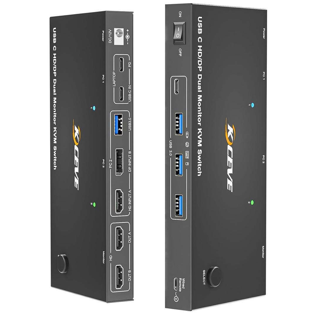USB C KVM Switch 2 Monitors 2 Computers USB C Dual Monitor KVM Switch for Laptop & Desktop, USB 3.0 MST Dual HDMI 4K@60Hz, PD 87W for Laptop, with Wired Remote