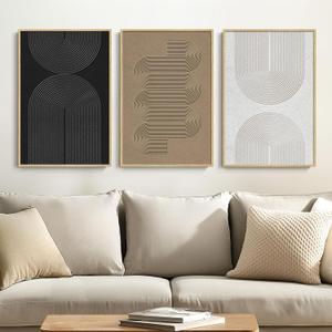 Framed Black and White Brown Abstract Wall Art, 3 Piece Boho Geometric Canvas Prints Paintings Artwork for Walls, Modern Minimalist Neutral Pictures for Living Room Dining Room Bedroom Wall Decor 16x24 In (Boundless Lines)