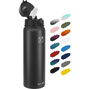 Fanhaw 32 Oz Stainless Steel Insulated Sports Water Bottles with Straw for Kids, Men and Women (Black)