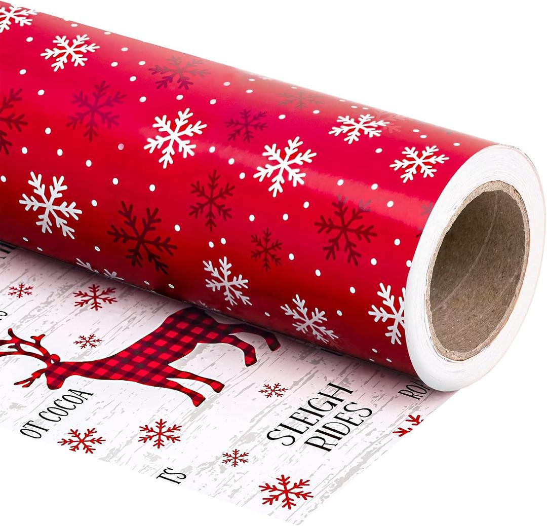 WRAPAHOLIC 30 Inch Reversible Christmas Wrapping Paper - 30 Inch x 33 Feet - Red White Reindeer and Snowflake Wrapping Paper for Christmas, Holiday, Party