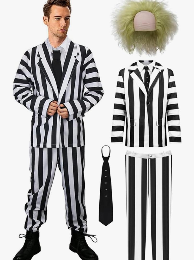 Kuberas Adult Sacry Halloween Costume for Men Black and White Striped Suit Blazer Tie Pants Wig Halloween Cosplay Outfits Size 3XL