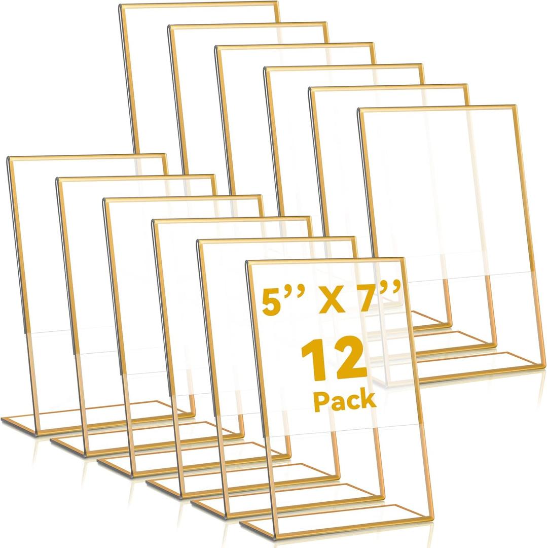Yulejo 12 Pcs 5 x 7 Inch Gold Acrylic Sign Holders Picture Frame Stand up Table Top Sign Holders Back Picture Frames Clear Menu for Wedding Restaurants, Office, Store, Hotels