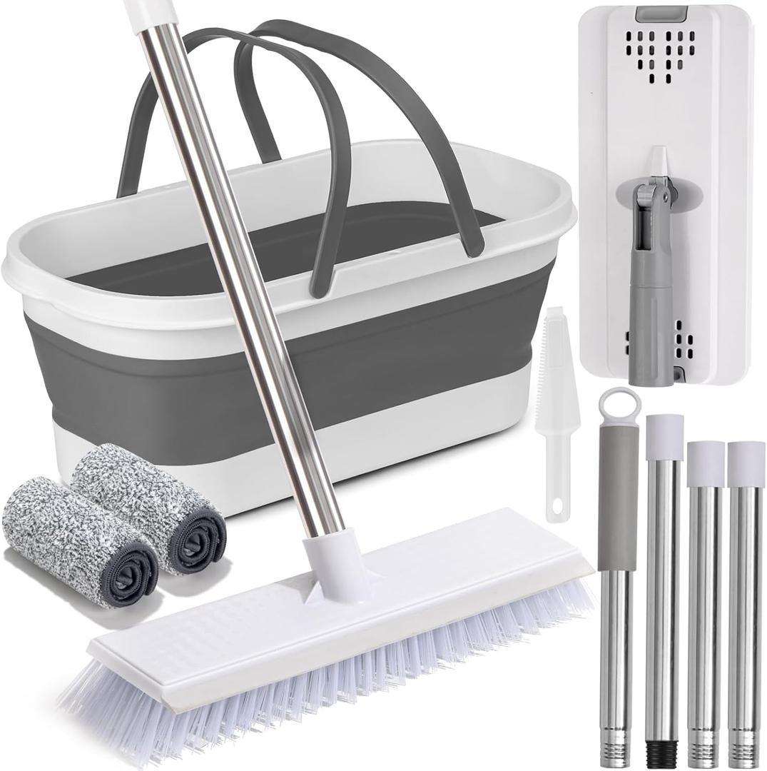 Flat Mop and Bucket Set with Heavy Duty Scrub Brush, 2 Washable Reusable Microfiber Pads, for Tile Hardwood, Wall Cleaning, Home Indoor or Outdoor Cleaning (White-Gray) (5Pcs)