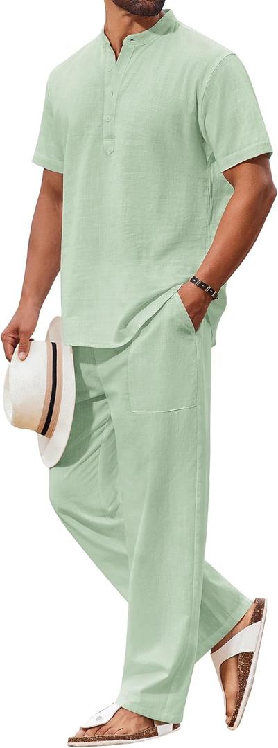COOFANDY Men's 2 Piece Cotton Sets Casual Short Sleeve Henley Shirts and Beach Pants with Pockets Summer Vacation Outfits (3X-Large, Green)