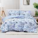 Mooreeke Floral King Size Comforter Sets, Lightweight Blue Botanical Flower Printed Bedding for All Seasons, 3-Piece Vintage Bed in a Bag with Fluffy Quilted Reversible Comforter & 2 Pillow Shams