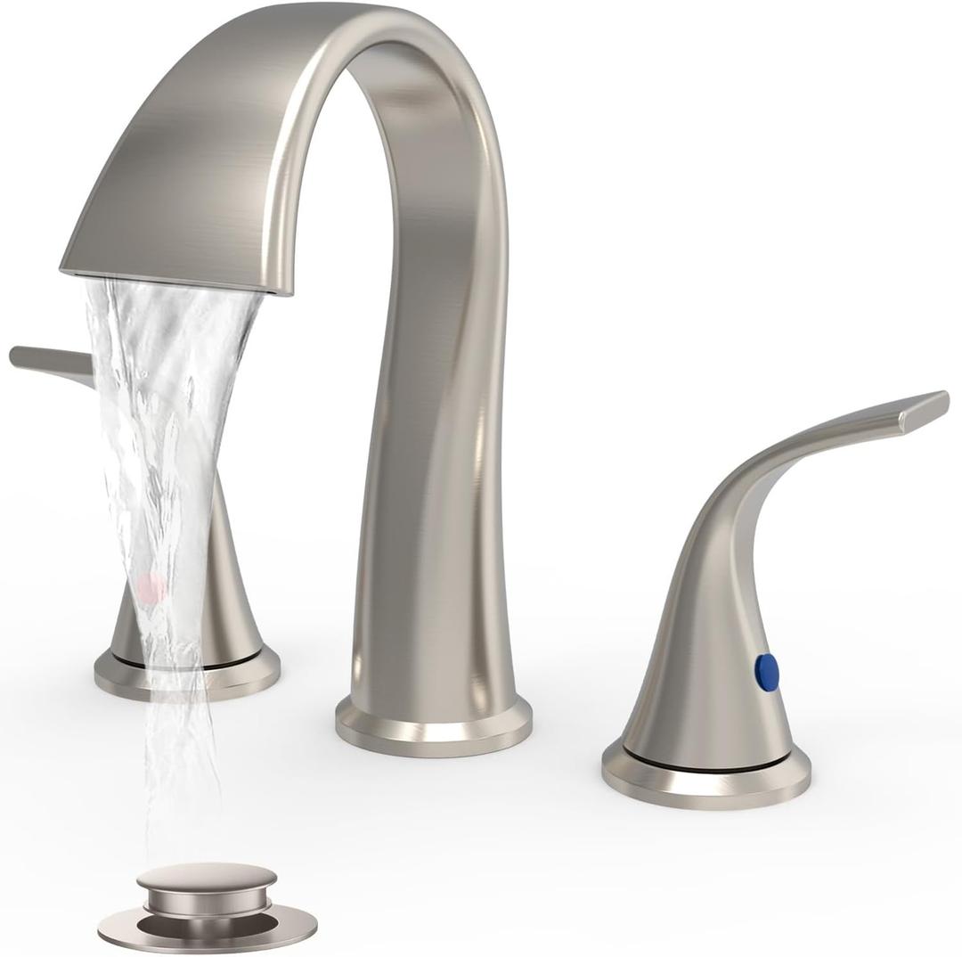 Bathroom Faucets 3 Hole Bathroom Sink Faucet with Pop Up Drain and Water Supply Hoses 8 Inch Waterfall Bathroom Faucet Two Handles for Vanity,Lavatory,Restroom,Commercial,Brushed Nickel