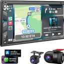 Double Din Car Stereo with Dash Cam - Voice Control Carplay, Android Auto, Steering Wheel Controls, 7" HD Touchscreen, Backup Camera, Bluetooth, Mirror Link, Subw, USB/TF/AUX, AM/FM Radio Receiver