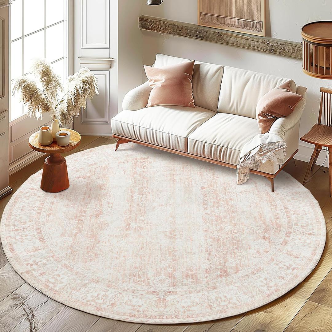 Round Rug 6x6 Feet 6ft Washable Area Rug Vintage Rug Indoor Floor Cover,Floral Print Blush Pink Circle Rug 6' Round Kitchen Living Room Girl Bedroom Dining Room