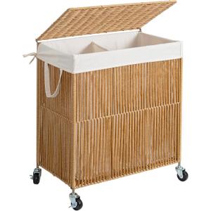 WOWLIVE Laundry Hamper with Wheels, Handwoven Rolling Laundry Basket with Lid, Clothes Hamper with Divided Removable Liner Bag, 115L Large Capacity Laundry Sorter Laundry Room Organization, Natural (22 x 13 x 26.4 Inches)