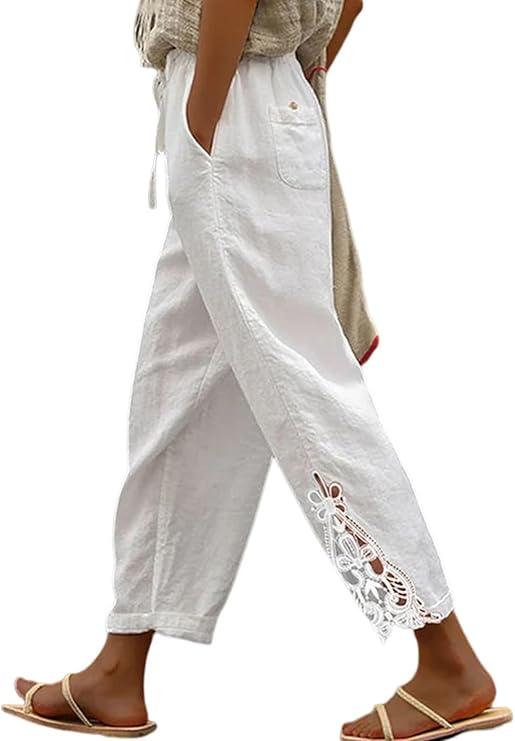 Acelitt Women Casual Lightweight Drawstring Elastic Waist Pants with Pockets White S