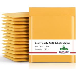 Fuxury Kraft Bubble Mailers 8.5x12 Inch 25 Pack, Strong Adhesion Padded Envelopes #2,Self Seal Bubble Envelopes, Padded Mailers,Book Mailer Packaging for Small Business,Yellow
