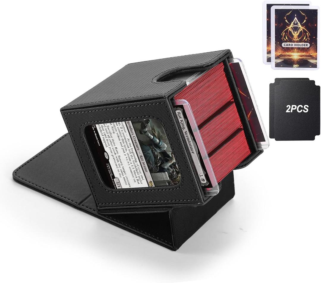 MTG Deck Box,Double Display Window,Commander Deck Box Fits 120+ Single Sleeved Cards,PU Leather Magnetic Closure Card Box with 2 Dividers&2 Toploaders for TCG,CCG,Black