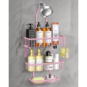 Pink Shower Caddy for Bathroom - Never Rust Hanging Shower Organizer with Soap Basket and Hooks - Large Capacity 3 Tier Aluminum Over The Showerhead Caddy