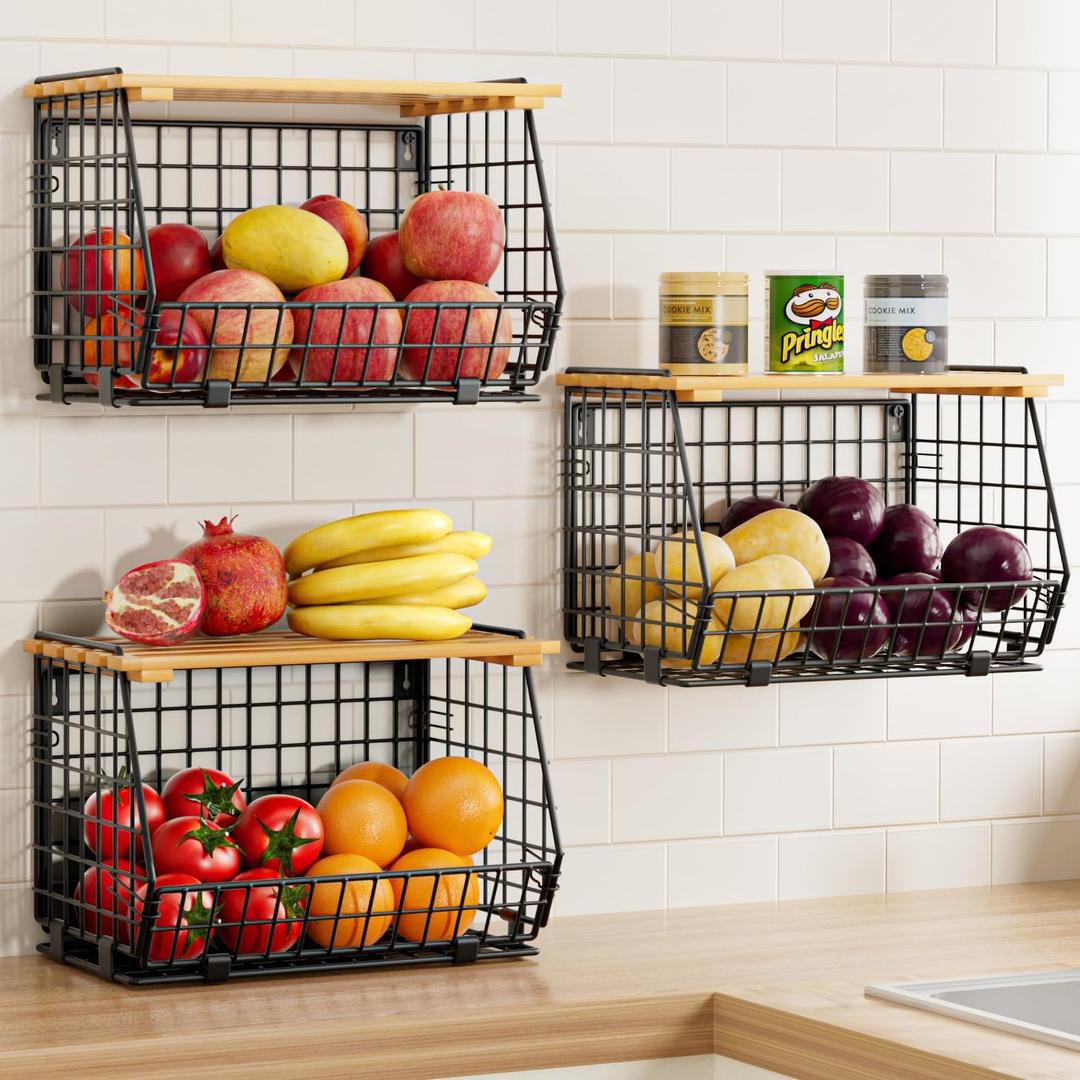 Wire Fruit Basket for Kitchen Storage: Hanging and Counter Basket for Vegetable Produce - Potato and Onion Storage for Pantry 3 Pack