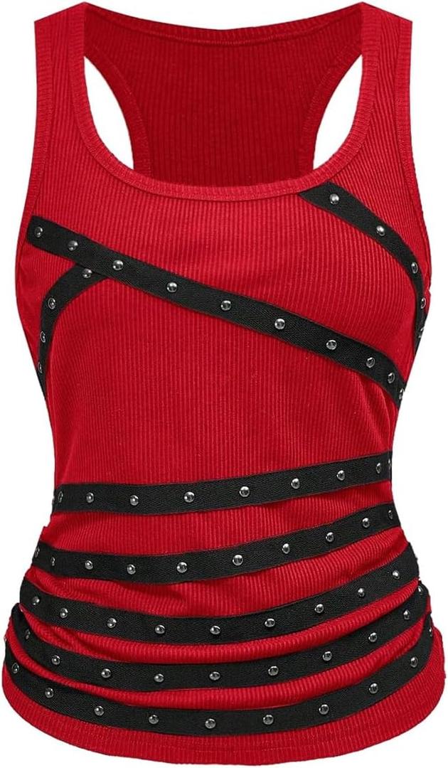SOLY HUX Women's Punk Studded Ruched Tank Top Scoop Neck Sleeveless Fitted Grunge Tops Streetwear, Small