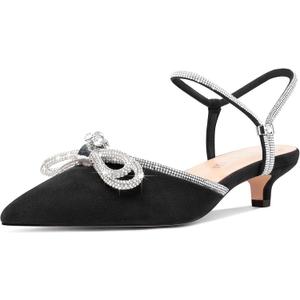 Aachcol Womens Close Toe Rhinestone Bow Kitten Heels Pointed Toe Low Heel Bow Pumps Adjustable Ankle Strap Bridal Prom Wedding Dress Shoes (8.5, Black)