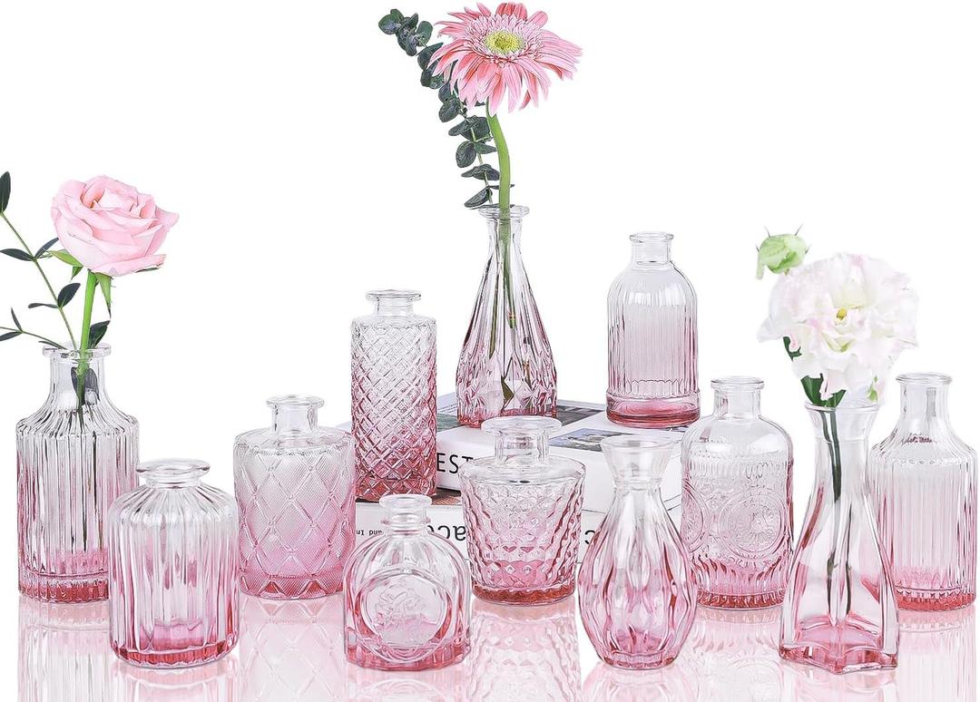 Pink Glass Bud Vases Set of 12, Mini Flower Vase for Centerpieces, Small Vases in Bulk for Wedding Decorations, Vintage Vase for Table, Home Dcor