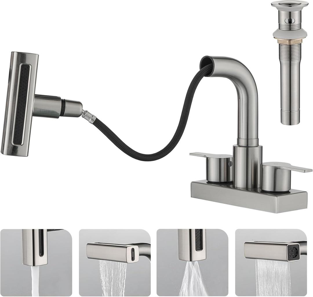 Bathroom Sink Faucet with Pull Down Sprayer 3 Holes, Brushed Nickel 4 inch 2 Handles Centerset Laundry Bar Basin Pull Out Faucet with Pop-Up Drain