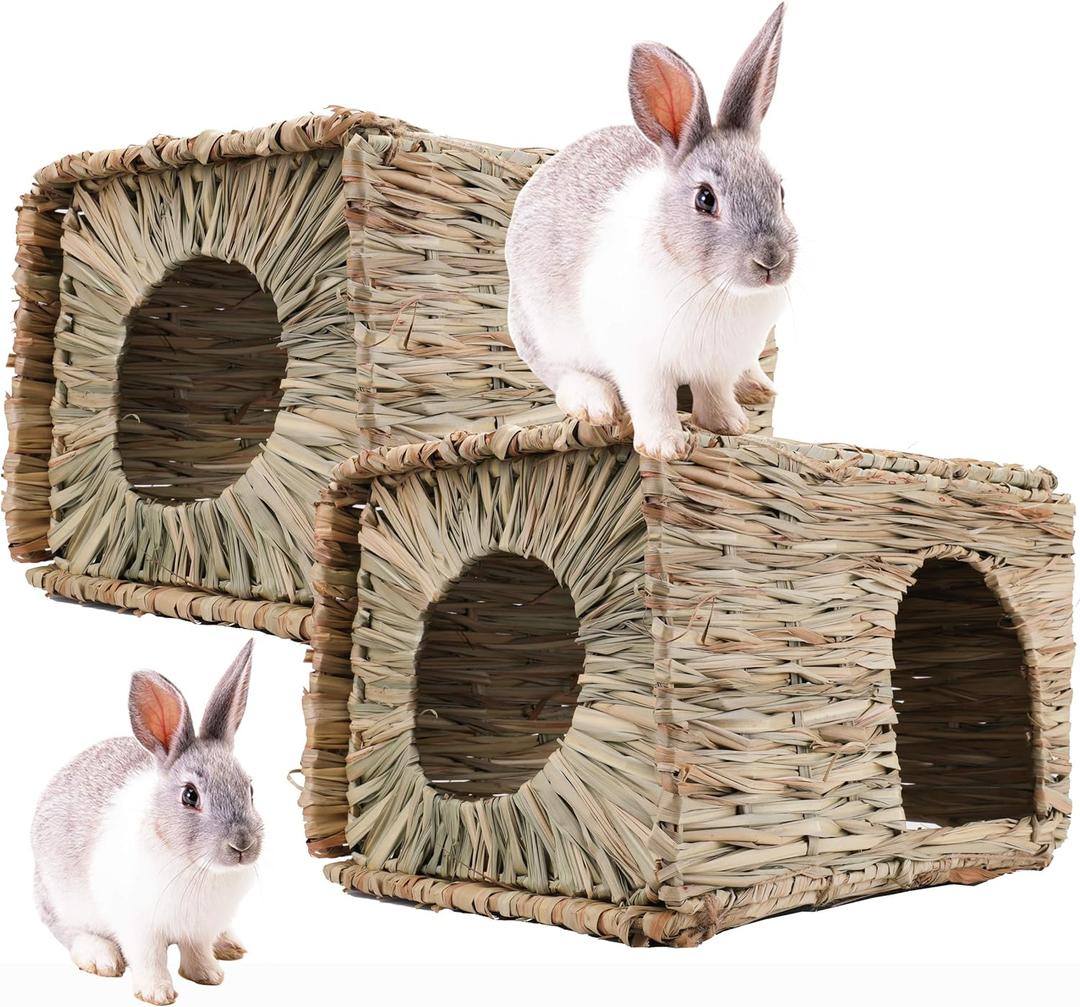 WUWEOT 2 Pack Large Grass Bunny House, Foldable Rabbit Hut, Play Hideaway Bed Hay Mat Chew Toy for Rabbit, Guinea Pigs, Gerbils, Hamster and Small Animals, 11"x8"x8"