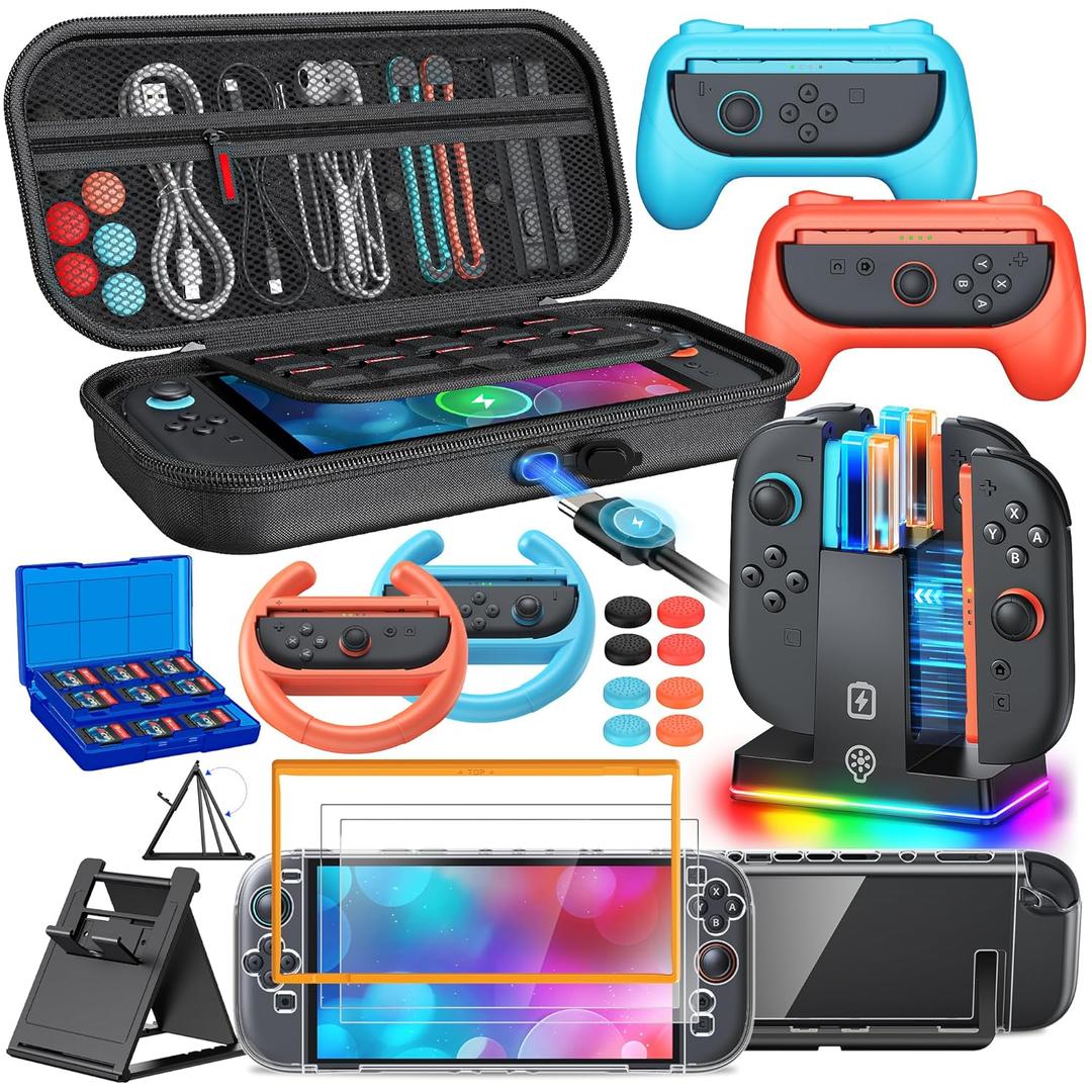 Switch 2 Accessories, [Charge Inside]Case Bundle for Nintendo Switch 2 2025 Console, FYOUNG 23 IN 1 Kit:Carrying Case,Controller Charger,Protective Shell,Grip for Joycon, Steering Wheel for Mario Kart (Orange Blue)