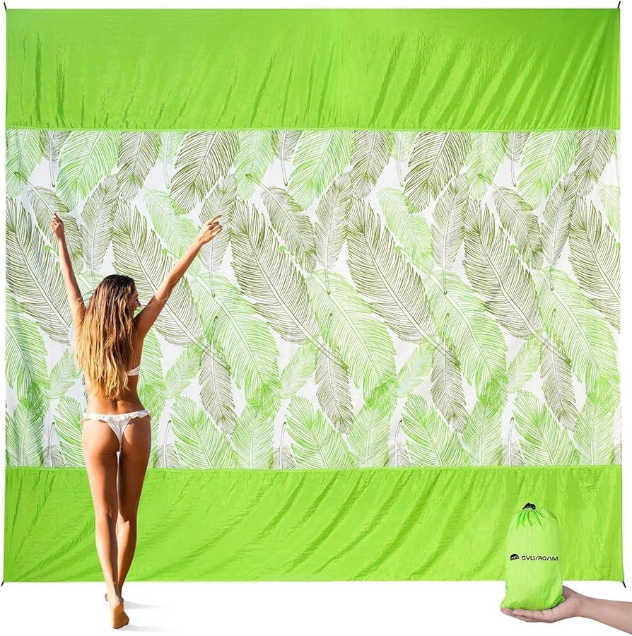 SYLVROAM Beach Blanket Waterproof, Sand Proof Mat with Portable Bag for Picnic, Nylon Mat, Quick Drying, Lightweight with 4 Stakes & 3 Water Bags, Use as Children's Pool (Green)