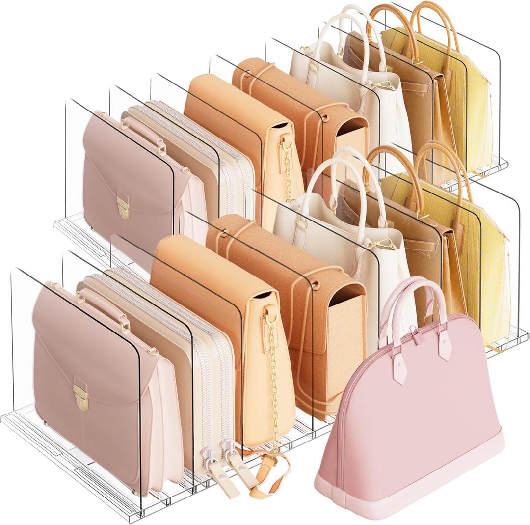 Criusia Adjustable Closet Purse Organizer Rack  28.8" Extra-Long Shelf Divider with 12 Base Panels & 16 Dividers  Non-Slip Handbag Holder for Bags, Clothes, Kitchen, Office