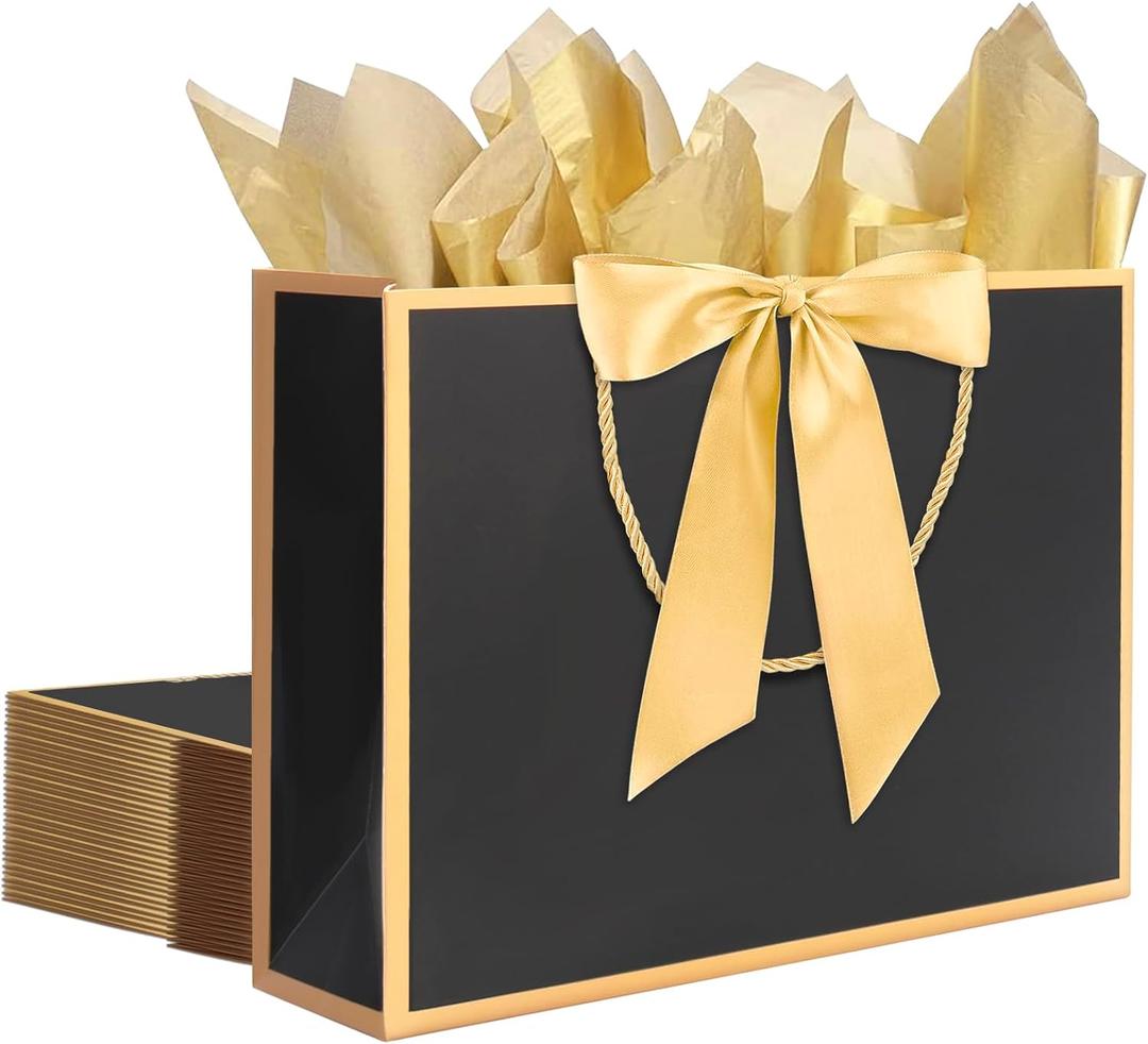 QIELSER 12 pcs Black Gift Bags with Handles 12.6x4.5x10 Inches Large Paper Bags with Bow Ribbon and Tissue Paper Gift Wrap Bags for Birthday Bridesmaid Party Wedding Baby Shower Valentines, Black-Gold
