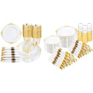Nervure 875 PCS Gold Plastic Plates - Gold Plastic Dinnerware Sets for 125 Guests - 250 Gold Disposable Plates, 375 Gold Plastic Silverware, 125 Cups, 125 Napkins for Wedding & Party