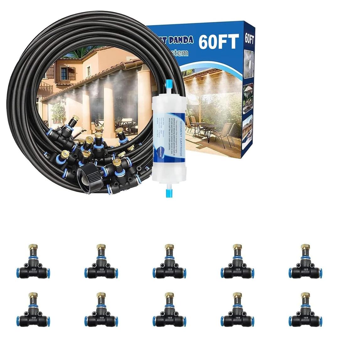 Outdoor Mister System for Outside Patio, 60FT Misting Hose w Filter+ Tee-Connector 10PCS. Misters Cooling System. Water Mist Hose for Backyard, Garden, Umbrella, Canopy, Gazebo.Kids TrampolineSprinkl