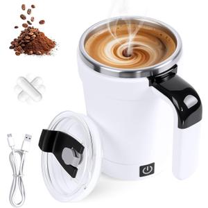 Automatic Magnetic Stirring Coffee Mug with Temperature Display, Rechargeable Self Stirring Coffee Mug with Lid and Detachable Base, 12oz Electric Self Mixing Cup for Tea, Milk, Cocoa (White)