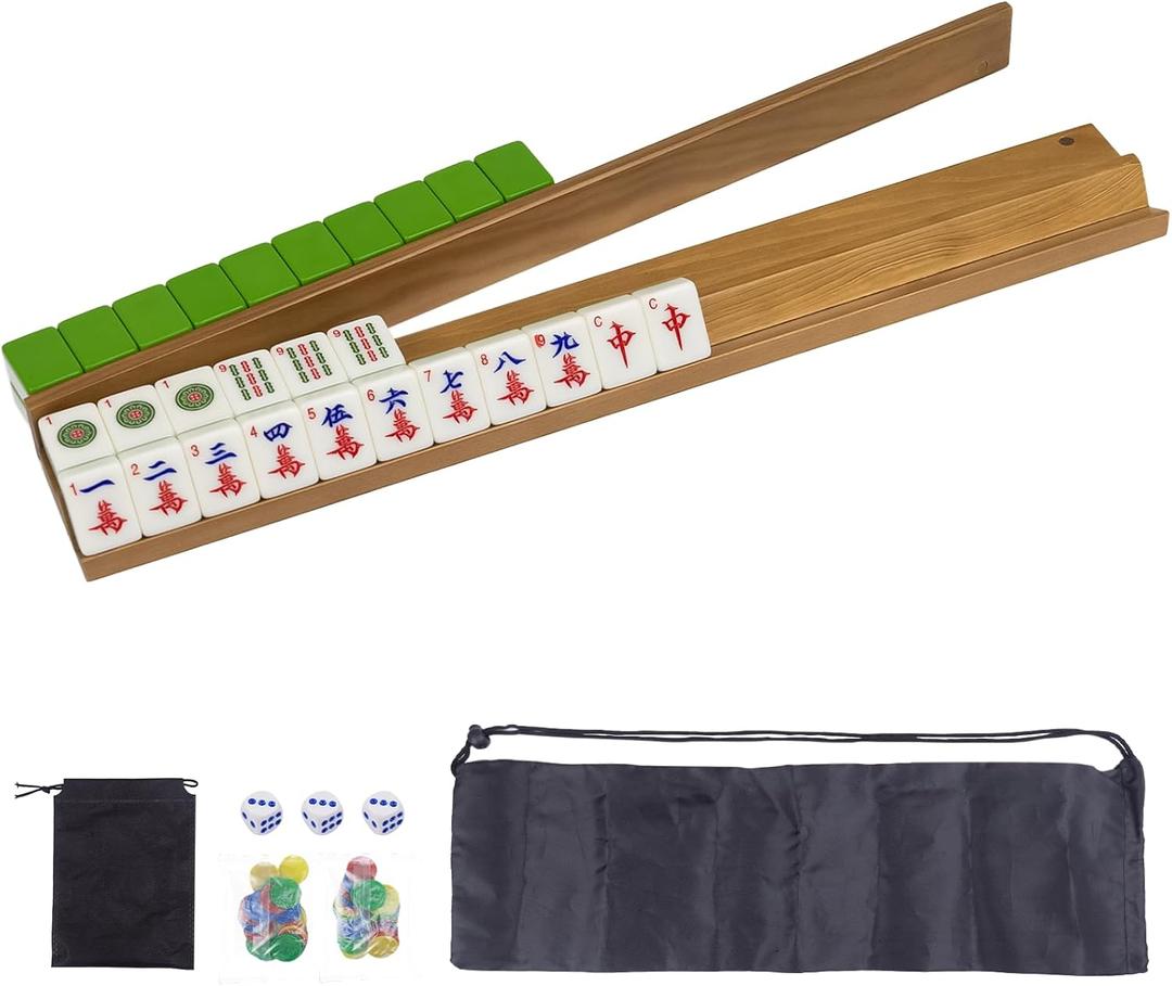 Wooden Mahjong Racks Set with Detachable Magnetic Pushers, 4 Racks & 4 Pushers, Includes Chips, Dice & Storage Bags Mahjong Tile Holders for Family Game Nights