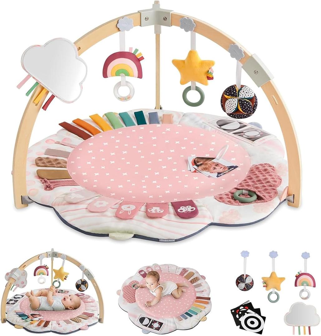 Blissful Diary Baby Play Gym & Activity Mat, 5 Developmental Zones Wooden Tummy Time Mat with 5 Detachable Sensory Toys for Motor Skills & Sensory Development, Baby Essentials Shower Gift, Pink Flower