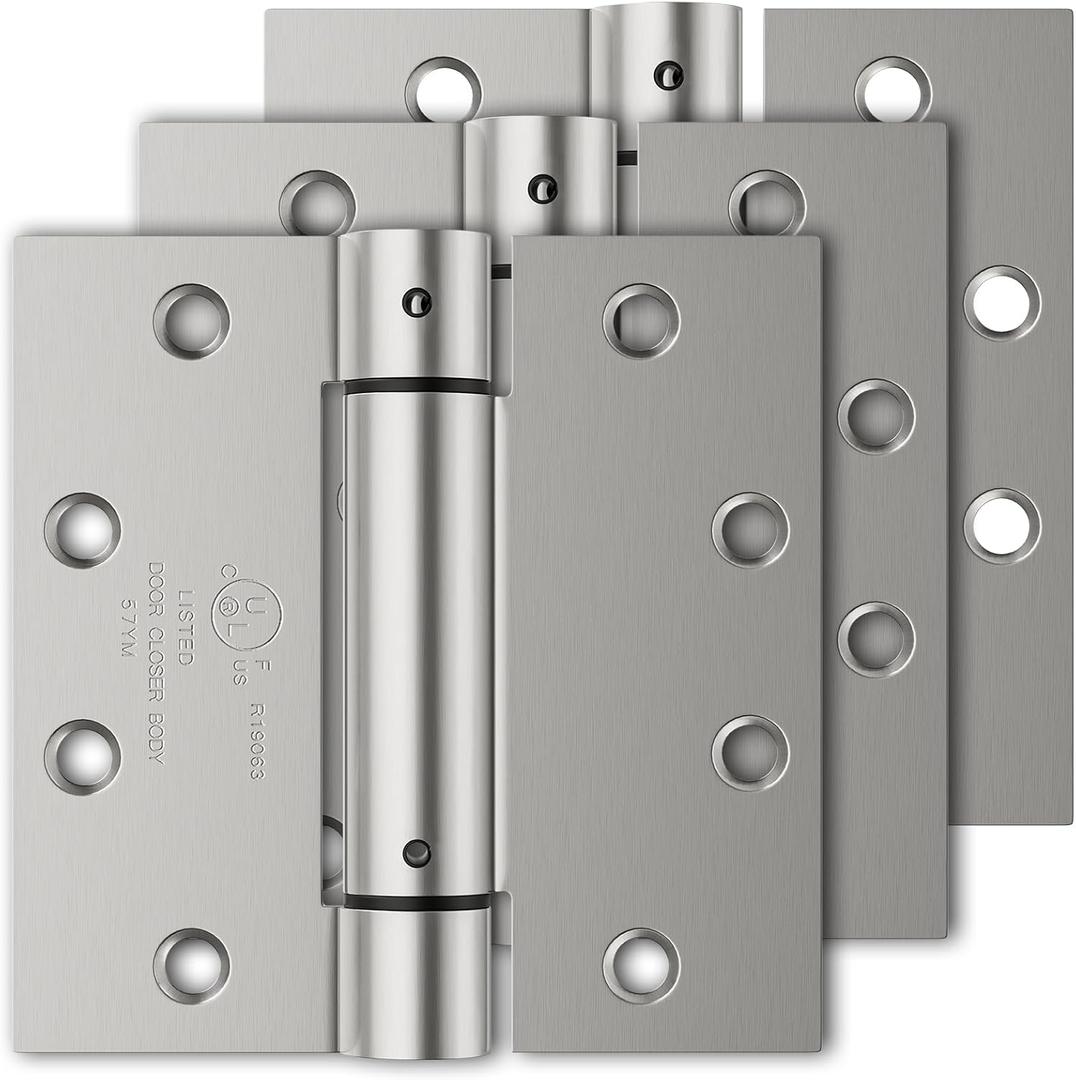 Luxbaro 3 Pack Self Closing Door Hinges, 4.5" x 4.5" Spring Loaded Hinges with Square Corners, Adjustable Tension for Garage, Front Door, Back Door, for Left and Right Hand Door, UL Listed (Brushed Nickel-square)